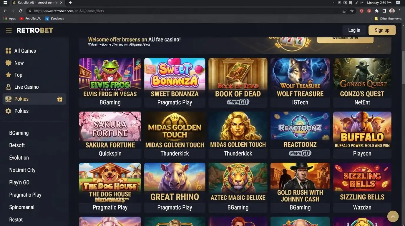Current RetroBet English-AU pokies lobby showing game categories and provider-labelled tiles