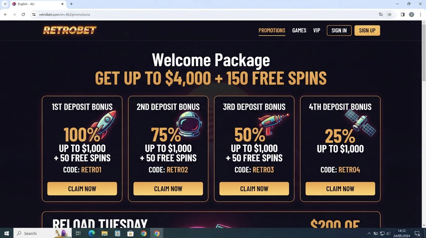 Current RetroBet English-AU promotions page showing the four-deposit welcome package and AUD amounts