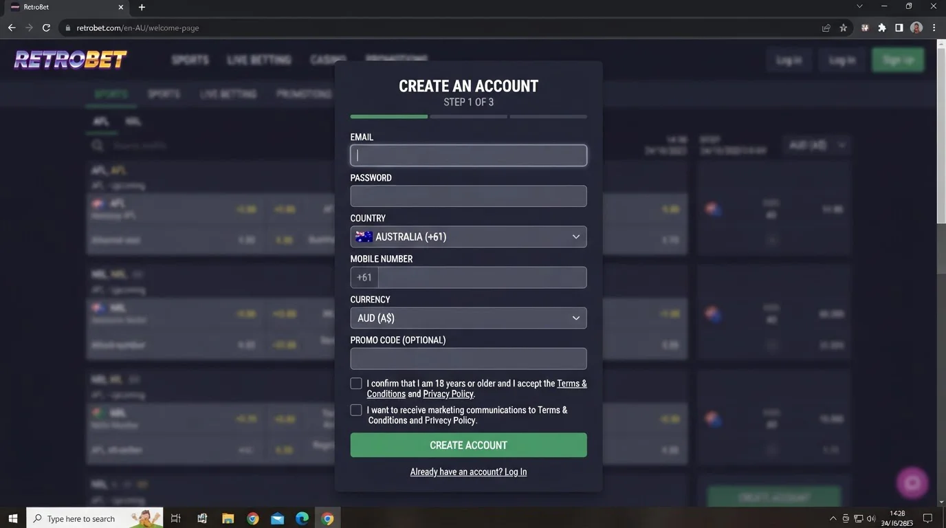 RetroBet Australia registration interface showing the real sign-up flow and locale fields