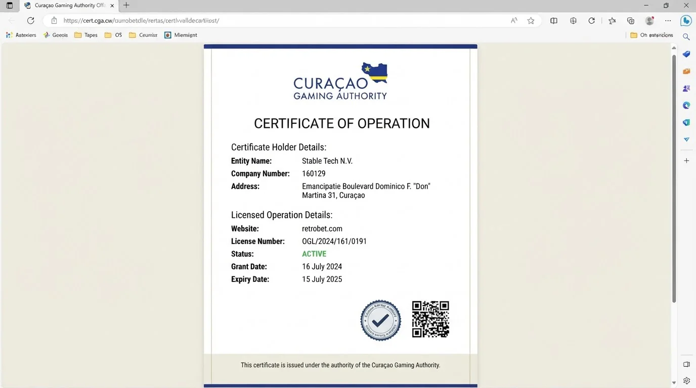 Curaçao Gaming Authority certificate for retrobet.com operated by Stable Tech N.V.