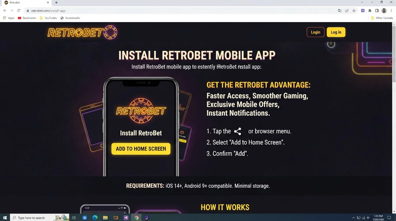 RetroBet official install page showing the brand's site-based mobile install experience