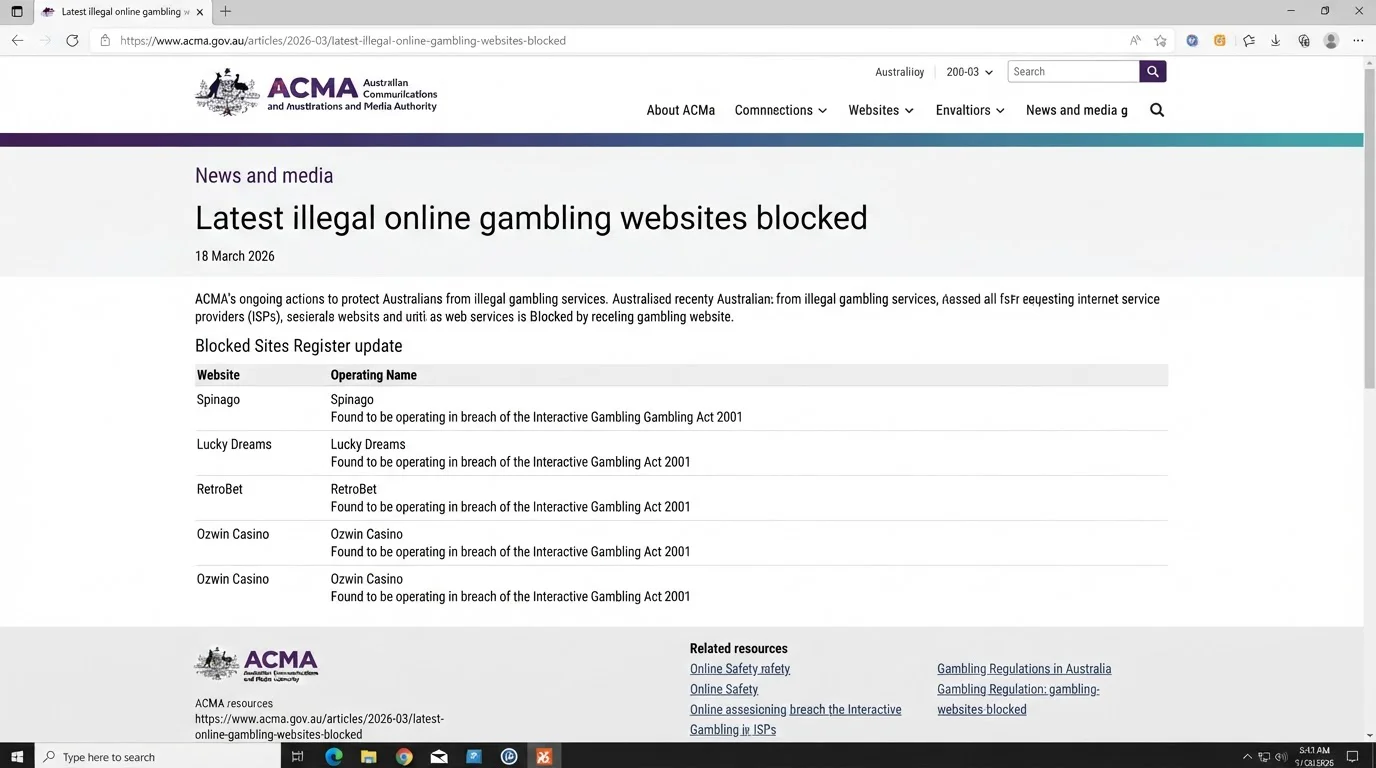 ACMA March 2026 page naming RetroBet among illegal online gambling sites requested for blocking
