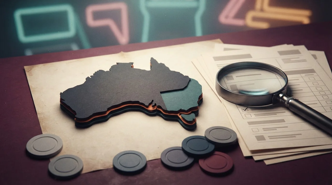 Editorial illustration of an Australian map, retro casino motifs and a document-check theme